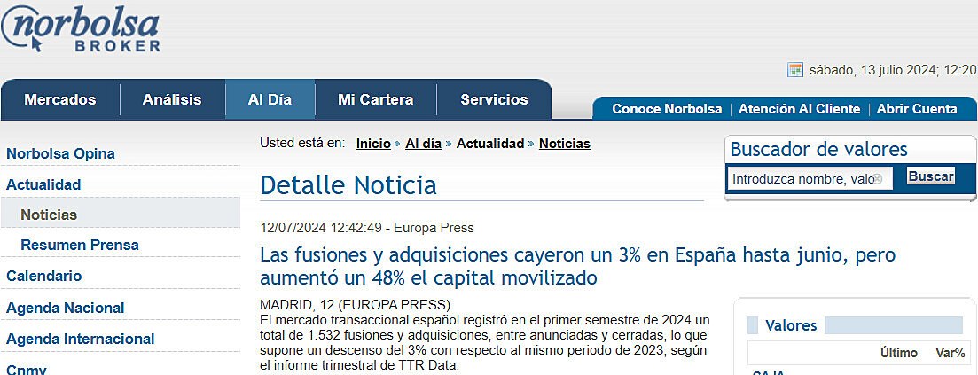 Las fusiones y adquisiciones cayeron un 3% en Espaa hasta junio, pero aument un 48% el capital movilizado